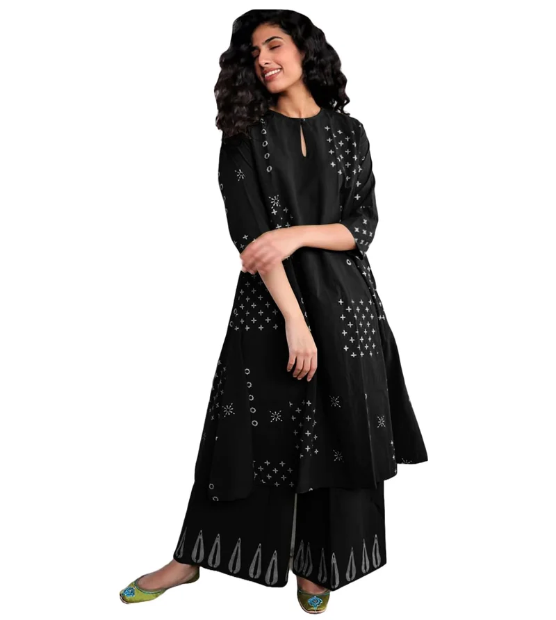 جو سريكي كورتا مطبوعة من رايون فيسكوز على شكل خط A من GoSriKi مع قصر (تشاوريا أسود GS_M_Black_Medium)